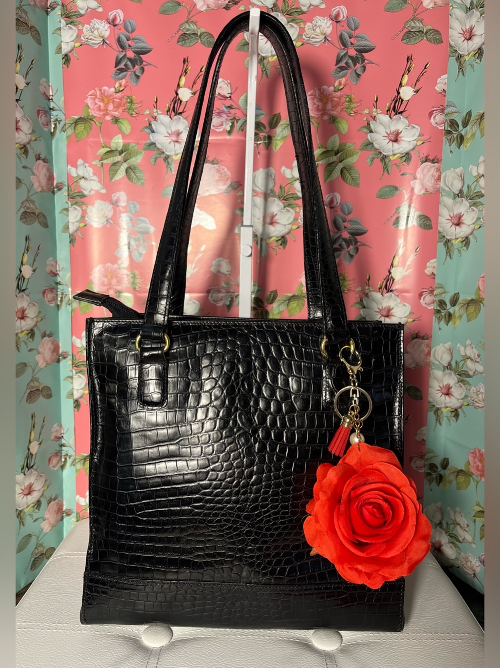 Talbots Black Leather Croc-Embossed Purse - with detachable purse charm